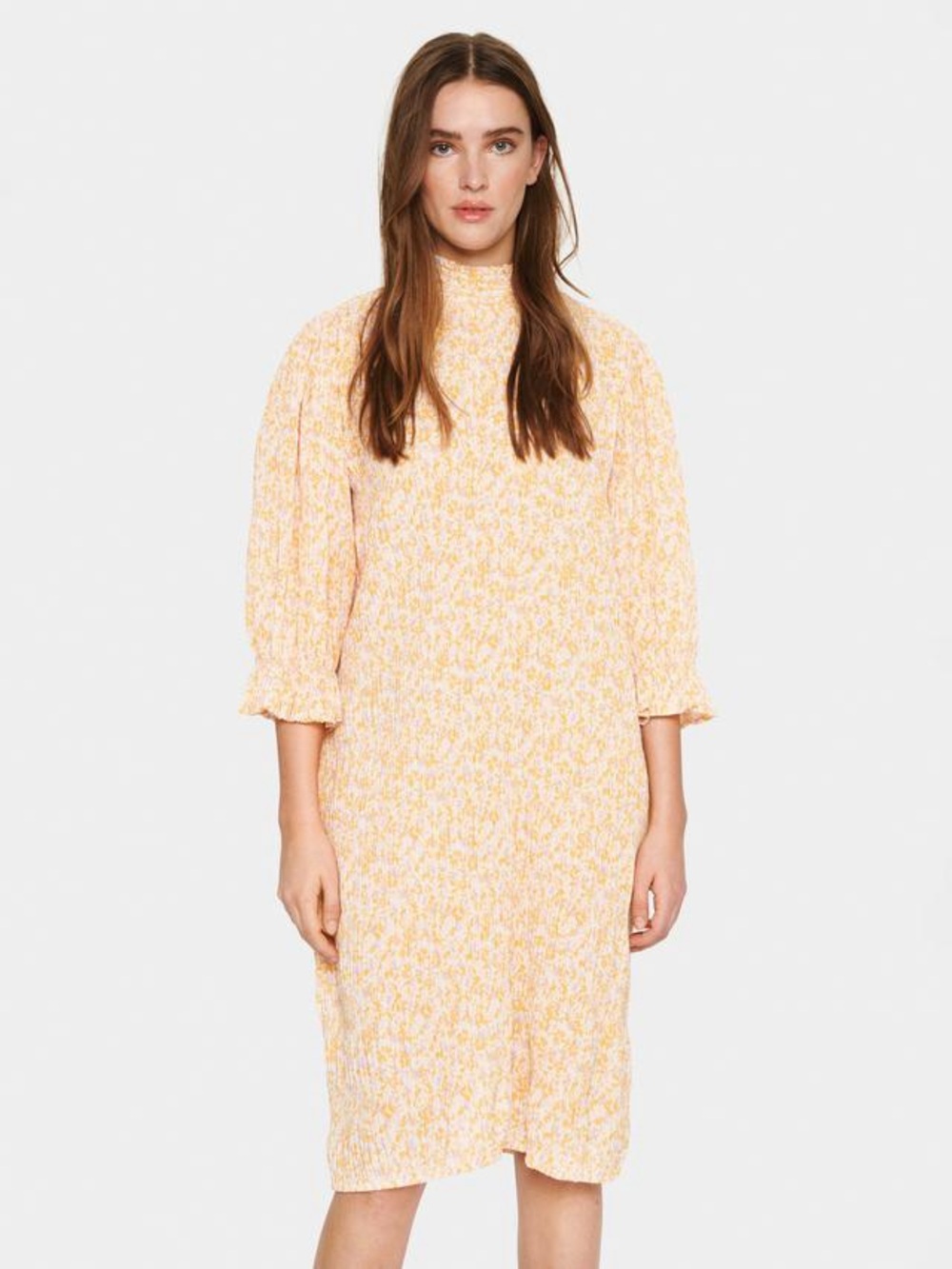 Saint Tropez Women’s Floral Orange Midi Dress Mock Neck Large